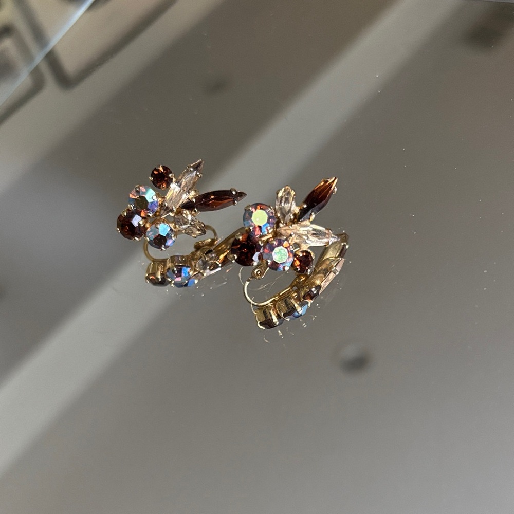 Signed Sherman Gold and Brown Rhinestone Earrings